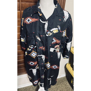 Studio GA Vintage 90s Silk Southwest Shirt Button-Up Blouse Cow Skull Womens XL